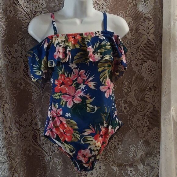 Kona Sol Size S One Piece Swimsuit Blue Tropical Print Ruffle‎ Top Adjustable - Picture 1 of 7
